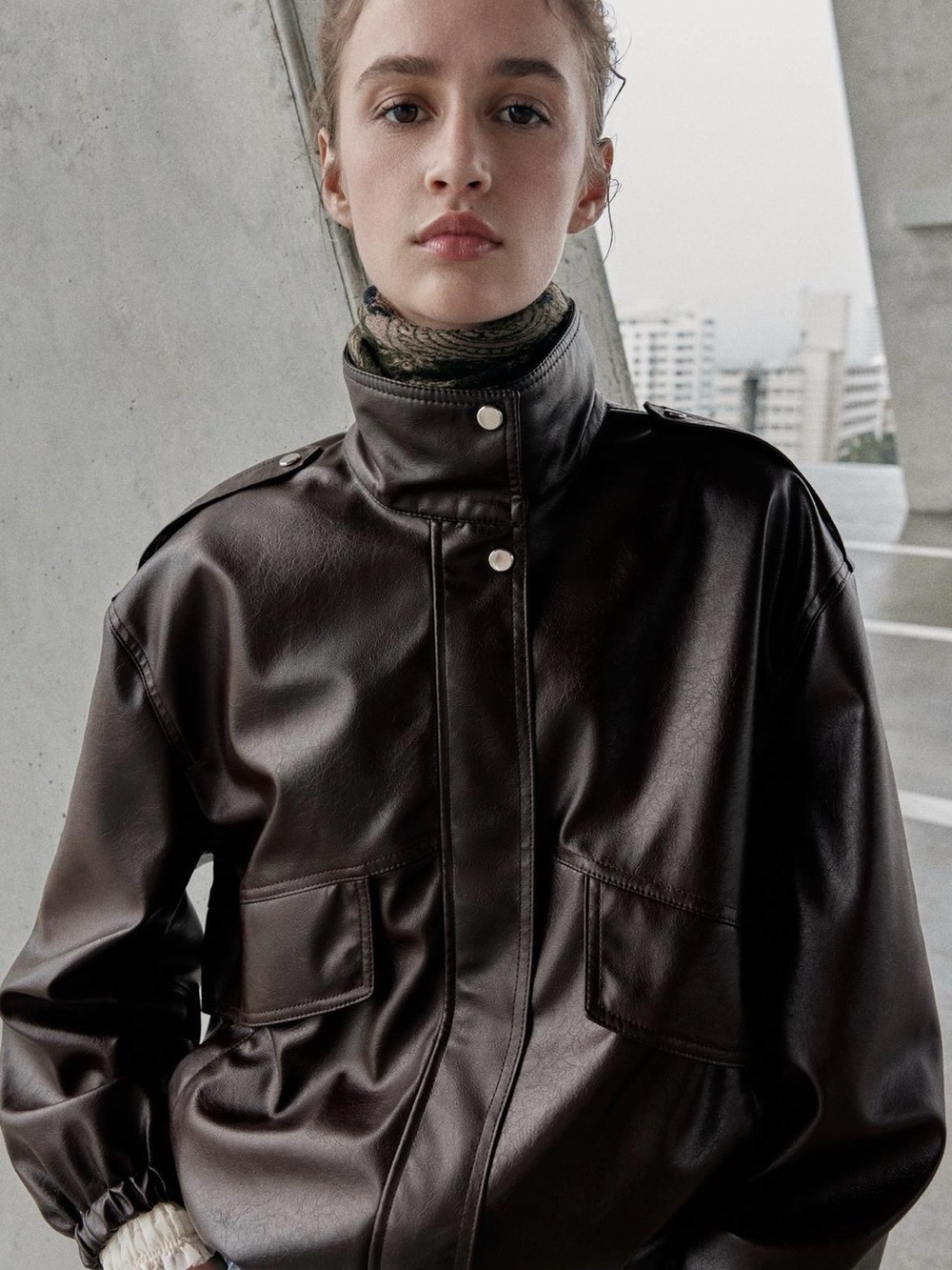 Zara Dark Brown Faux Leather Bomber